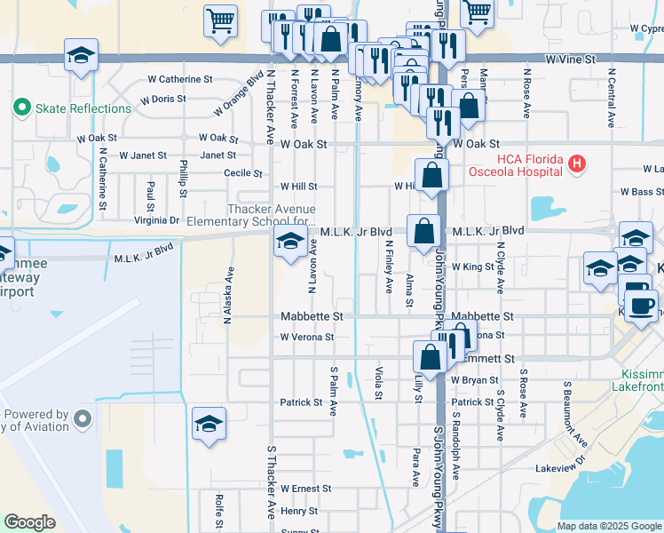 map of restaurants, bars, coffee shops, grocery stores, and more near 1701 West Mabbette Street in Kissimmee
