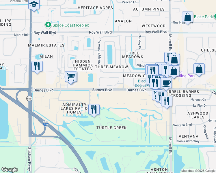 map of restaurants, bars, coffee shops, grocery stores, and more near 1335 Lara Circle in Rockledge