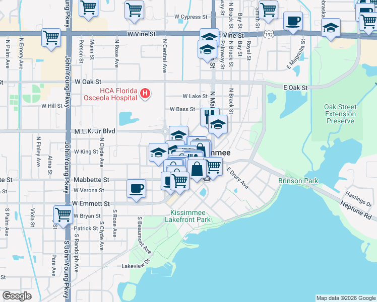 map of restaurants, bars, coffee shops, grocery stores, and more near 120 West Sproule Avenue in Kissimmee