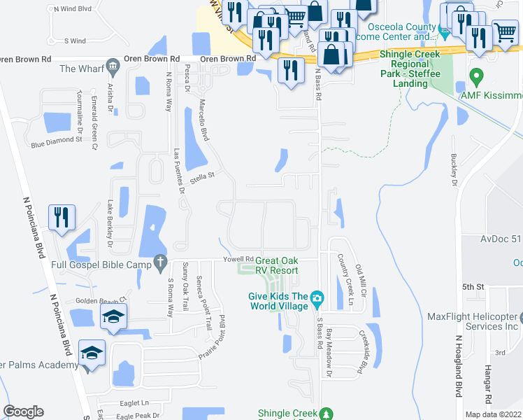 map of restaurants, bars, coffee shops, grocery stores, and more near 4500 Monado Drive in Kissimmee