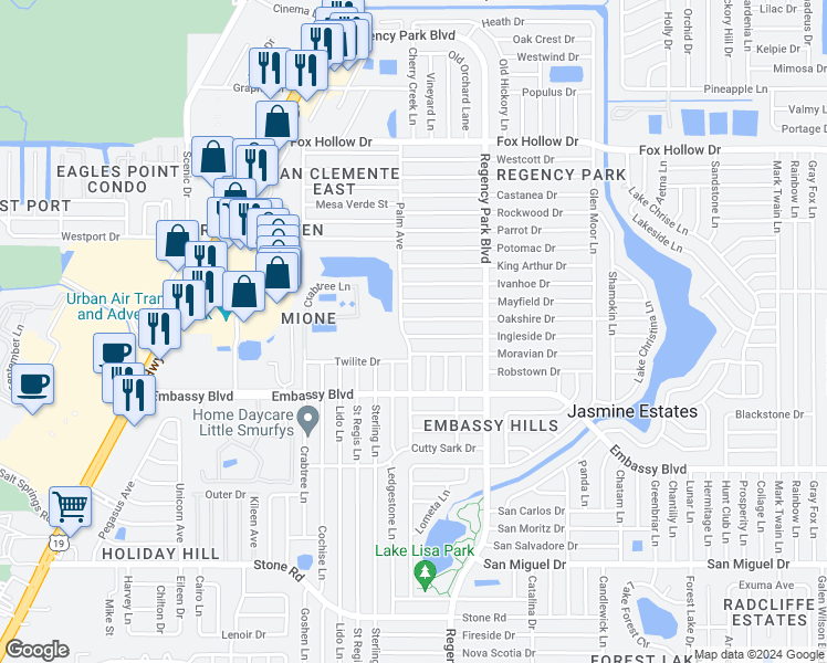 map of restaurants, bars, coffee shops, grocery stores, and more near 7015 Ingleside Drive in Port Richey