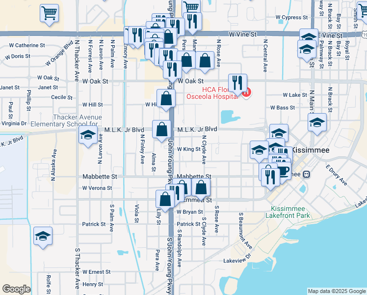 map of restaurants, bars, coffee shops, grocery stores, and more near 1011 West King Street in Kissimmee