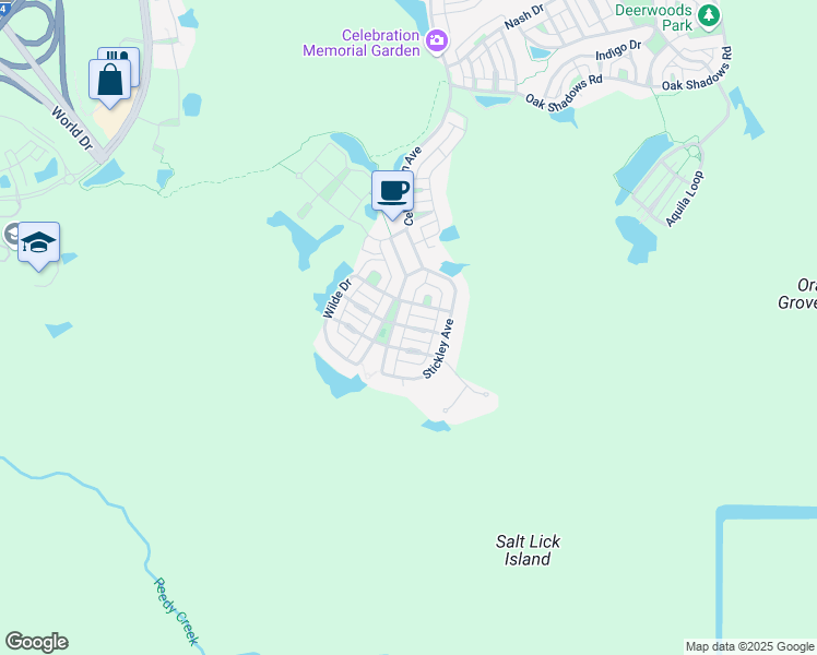 map of restaurants, bars, coffee shops, grocery stores, and more near 1115 Mosaic Drive in Celebration