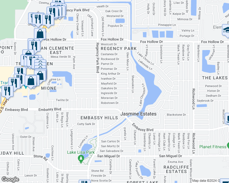 map of restaurants, bars, coffee shops, grocery stores, and more near 7321 Ingleside Drive in Port Richey