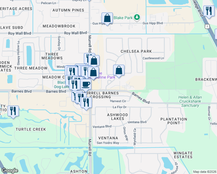 map of restaurants, bars, coffee shops, grocery stores, and more near 442 Cobblewood Drive in Rockledge