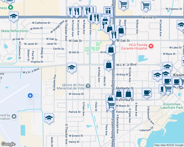 map of restaurants, bars, coffee shops, grocery stores, and more near 405 N Emory Ave in Kissimmee