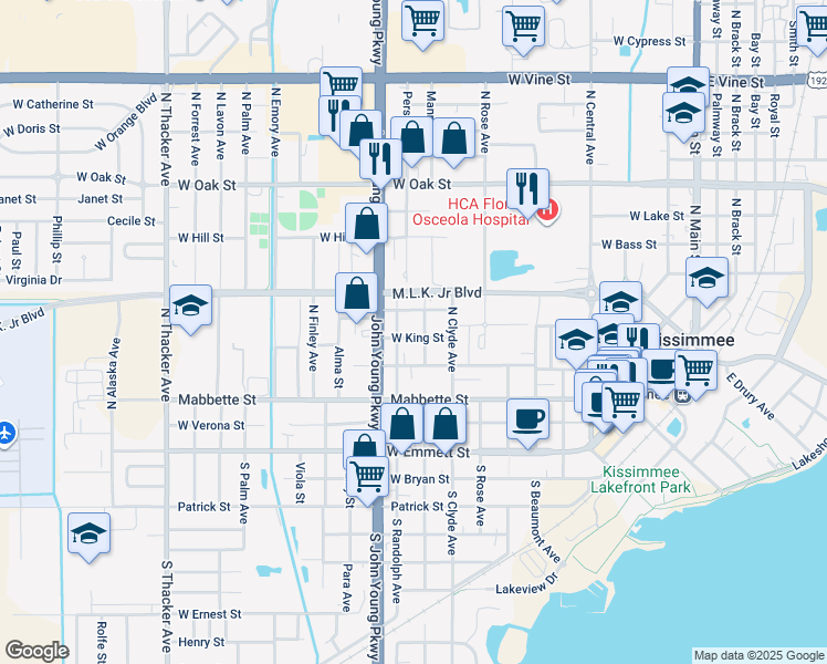 map of restaurants, bars, coffee shops, grocery stores, and more near 1005 West King Street in Kissimmee