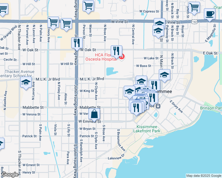 map of restaurants, bars, coffee shops, grocery stores, and more near 700 Aultman Street in Kissimmee