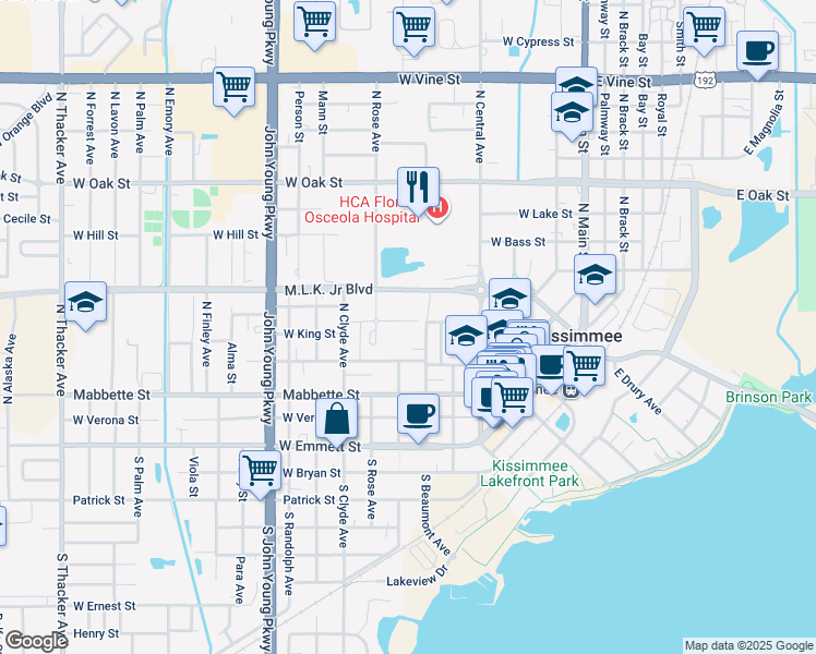 map of restaurants, bars, coffee shops, grocery stores, and more near 330 North Beaumont Avenue in Kissimmee