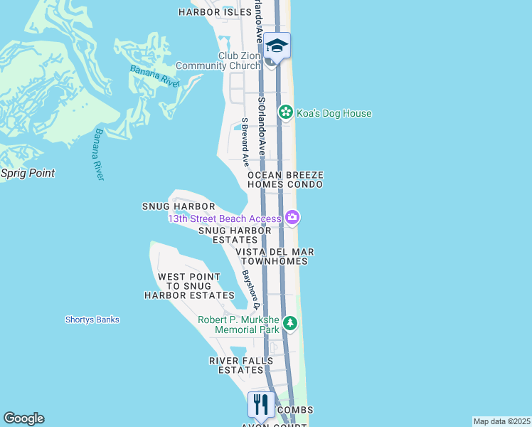 map of restaurants, bars, coffee shops, grocery stores, and more near 1250 South Orlando Avenue in Cocoa Beach