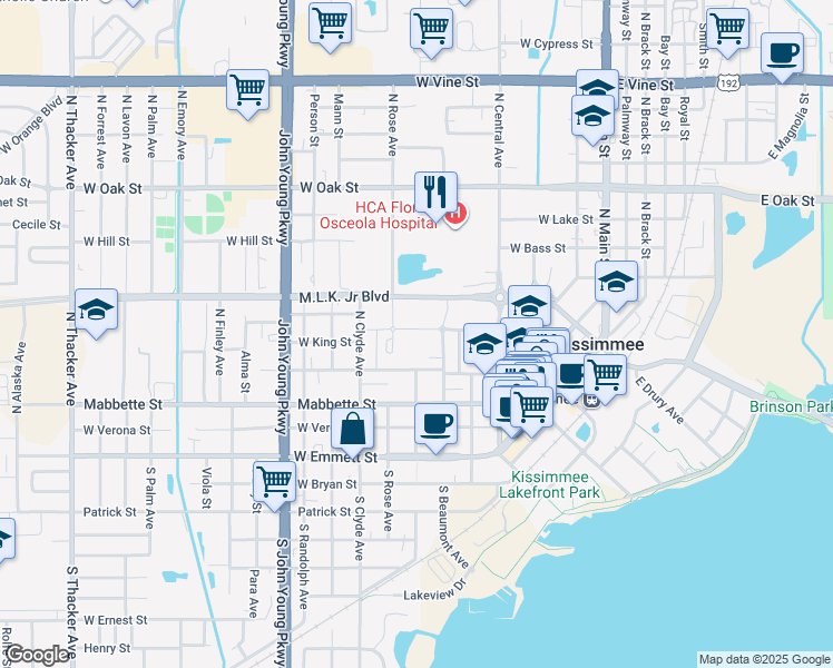 map of restaurants, bars, coffee shops, grocery stores, and more near 330 North Beaumont Avenue in Kissimmee