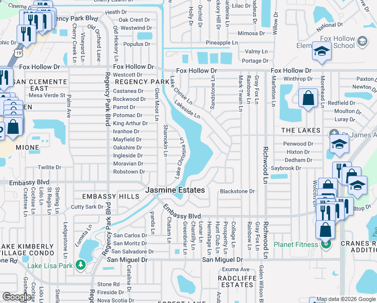 map of restaurants, bars, coffee shops, grocery stores, and more near 9526 Lake Christina Lane in Port Richey