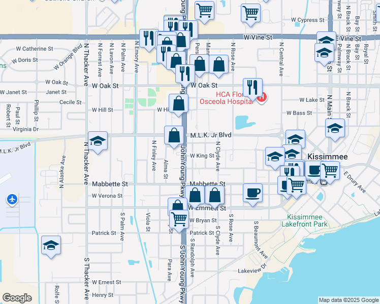map of restaurants, bars, coffee shops, grocery stores, and more near 1113 West King Street in Kissimmee