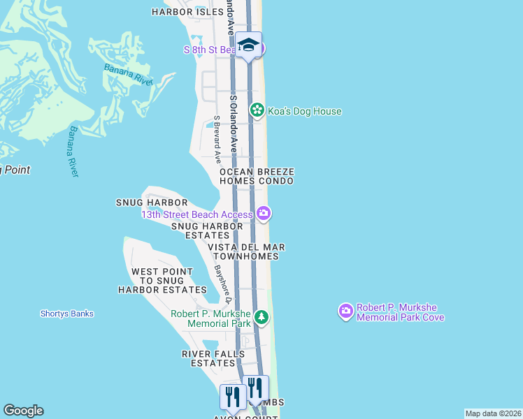 map of restaurants, bars, coffee shops, grocery stores, and more near 1250 South Atlantic Avenue in Cocoa Beach