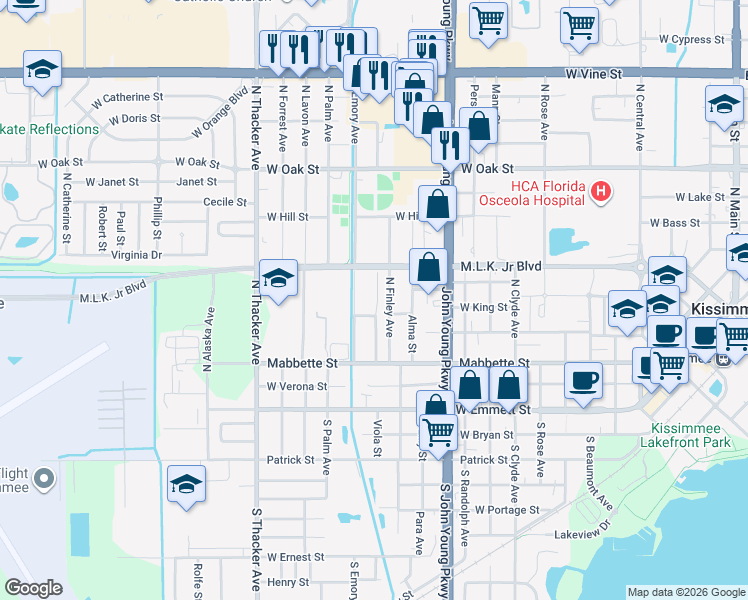 map of restaurants, bars, coffee shops, grocery stores, and more near 405 North Emory Avenue in Kissimmee
