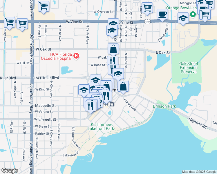 map of restaurants, bars, coffee shops, grocery stores, and more near 322 Church Street in Kissimmee
