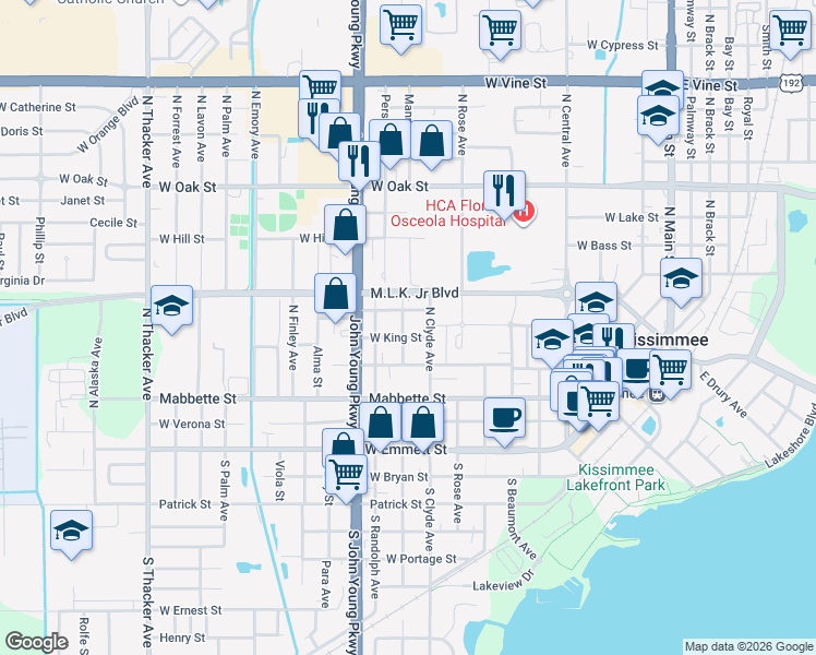 map of restaurants, bars, coffee shops, grocery stores, and more near 409 North Dillingham Avenue in Kissimmee