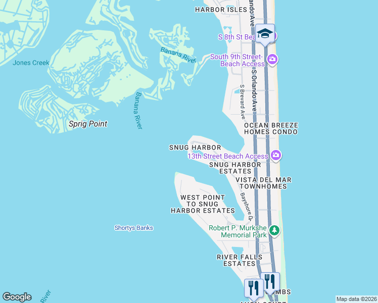 map of restaurants, bars, coffee shops, grocery stores, and more near 98 West Bay Drive in Cocoa Beach