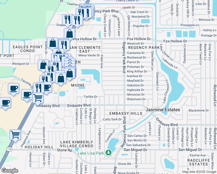 map of restaurants, bars, coffee shops, grocery stores, and more near 7024 Oakshire Drive in Port Richey