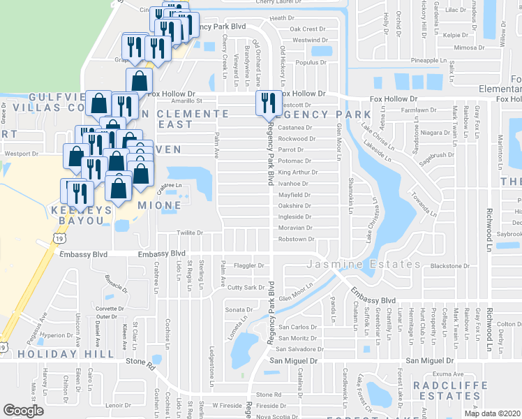 map of restaurants, bars, coffee shops, grocery stores, and more near 7130 Oakshire Drive in Port Richey