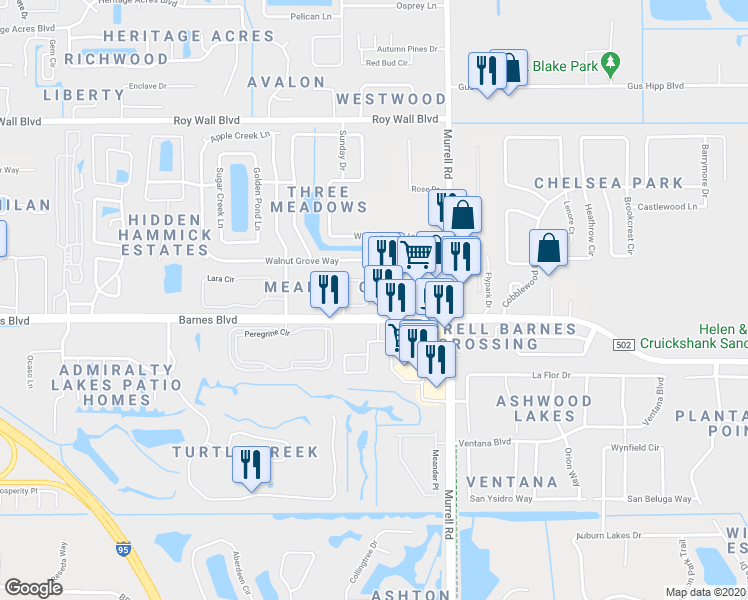 map of restaurants, bars, coffee shops, grocery stores, and more near 1215 Creek Side Circle in Rockledge