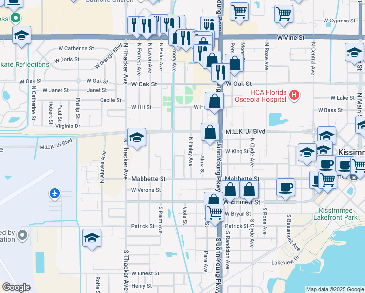 map of restaurants, bars, coffee shops, grocery stores, and more near 410 North Rosland Drive in Kissimmee