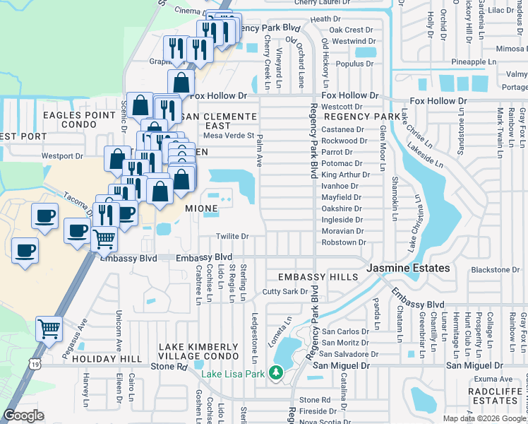 map of restaurants, bars, coffee shops, grocery stores, and more near 7004 Oakshire Drive in Port Richey