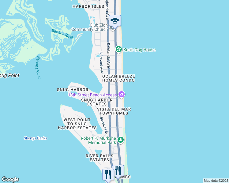 map of restaurants, bars, coffee shops, grocery stores, and more near 1250 South Atlantic Avenue in Cocoa Beach