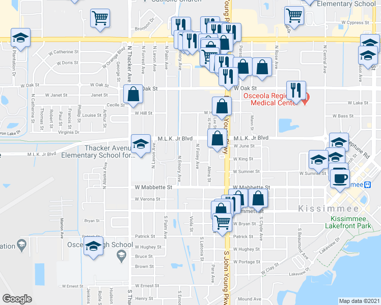 map of restaurants, bars, coffee shops, grocery stores, and more near 412 North Rosland Drive in Kissimmee