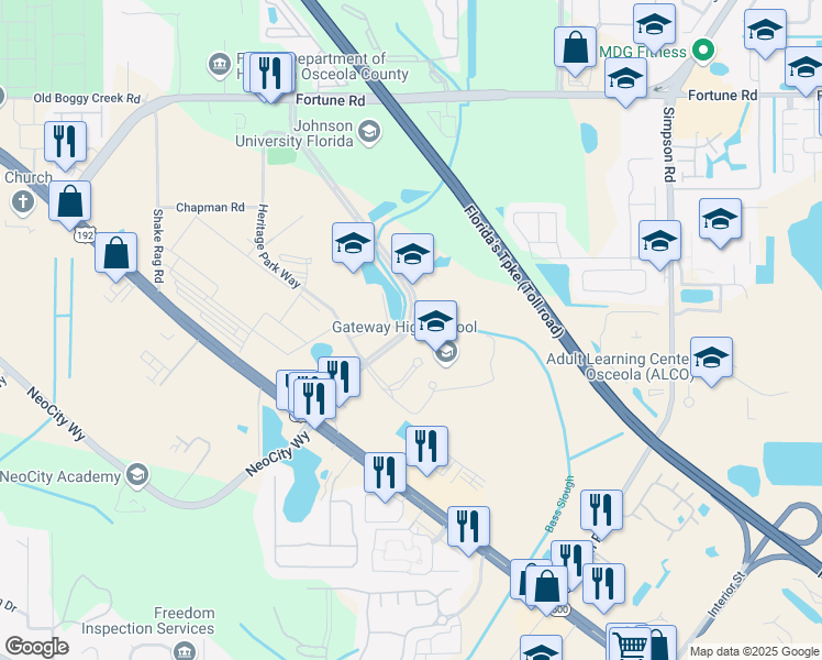 map of restaurants, bars, coffee shops, grocery stores, and more near 805 Bill Beck Boulevard in Kissimmee