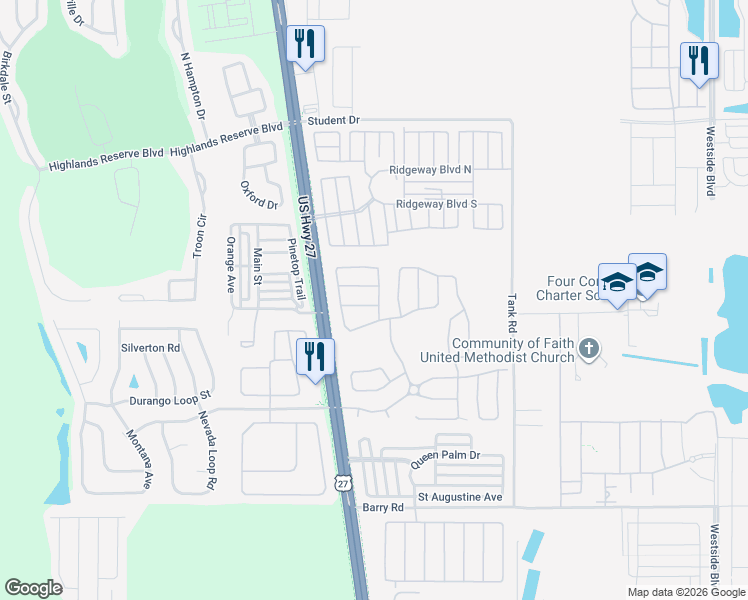map of restaurants, bars, coffee shops, grocery stores, and more near 106 Nazha Drive in Davenport