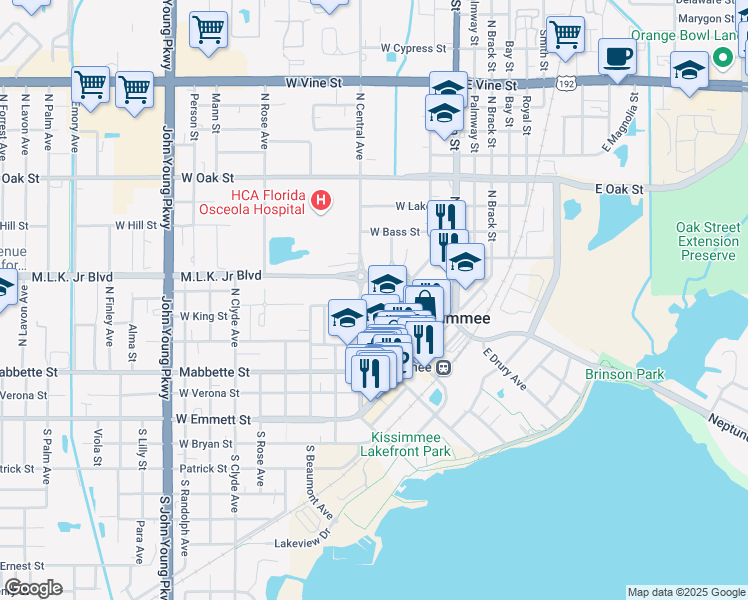map of restaurants, bars, coffee shops, grocery stores, and more near 201 Mitchell Street in Kissimmee