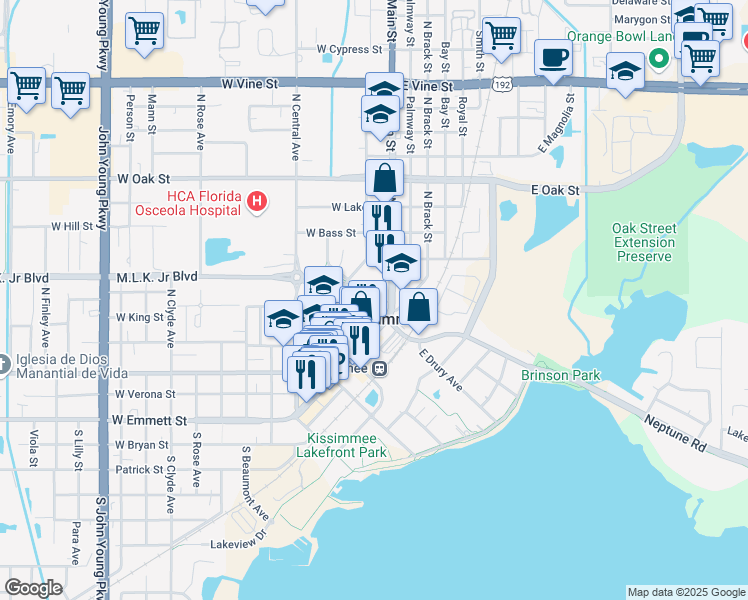 map of restaurants, bars, coffee shops, grocery stores, and more near 322 Church Street in Kissimmee
