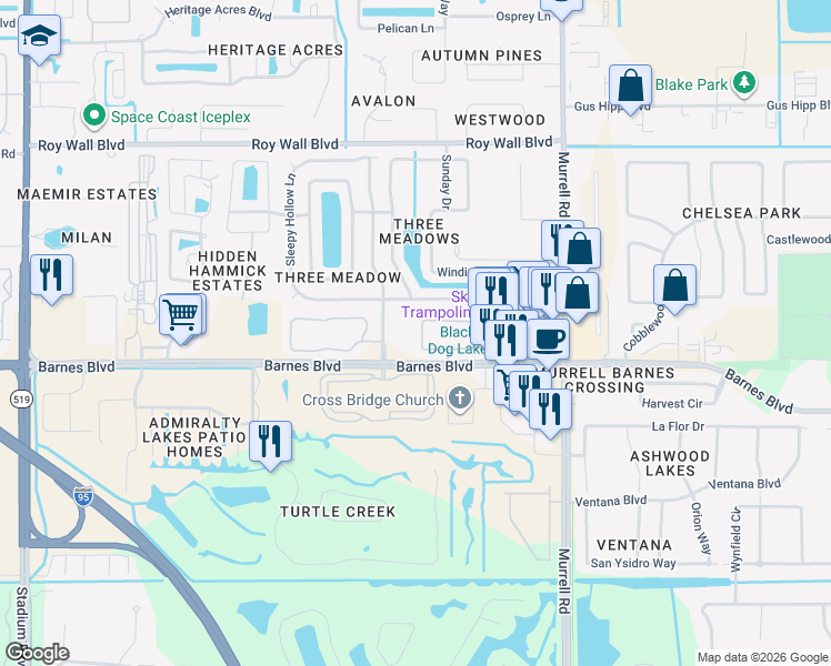 map of restaurants, bars, coffee shops, grocery stores, and more near 1257 Creek Side Circle in Rockledge