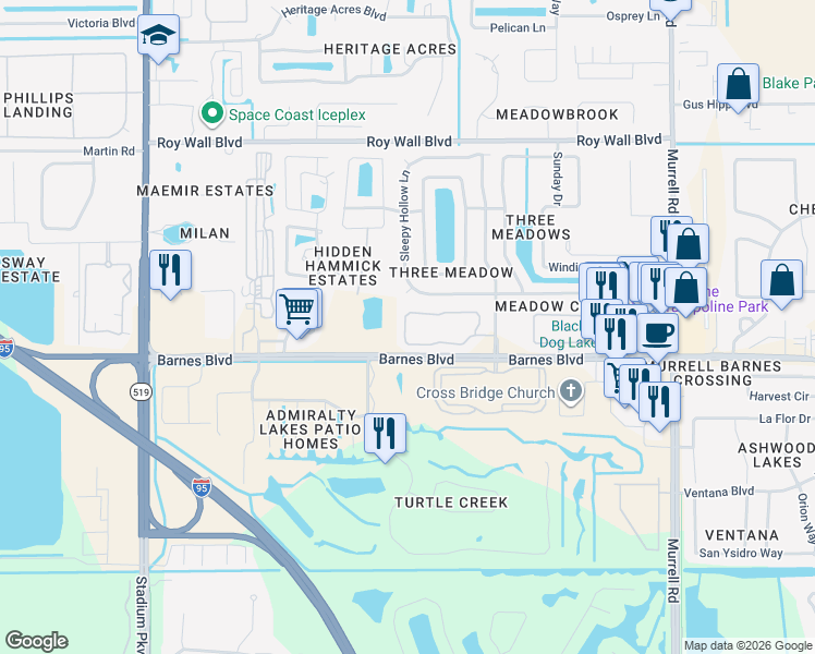 map of restaurants, bars, coffee shops, grocery stores, and more near 1370 Lara Circle in Rockledge