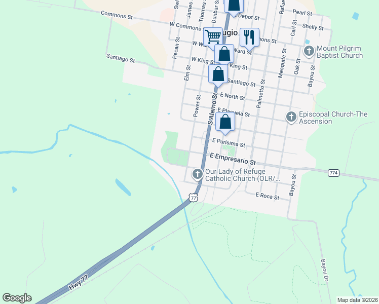 map of restaurants, bars, coffee shops, grocery stores, and more near 904 South Alamo Street in Refugio