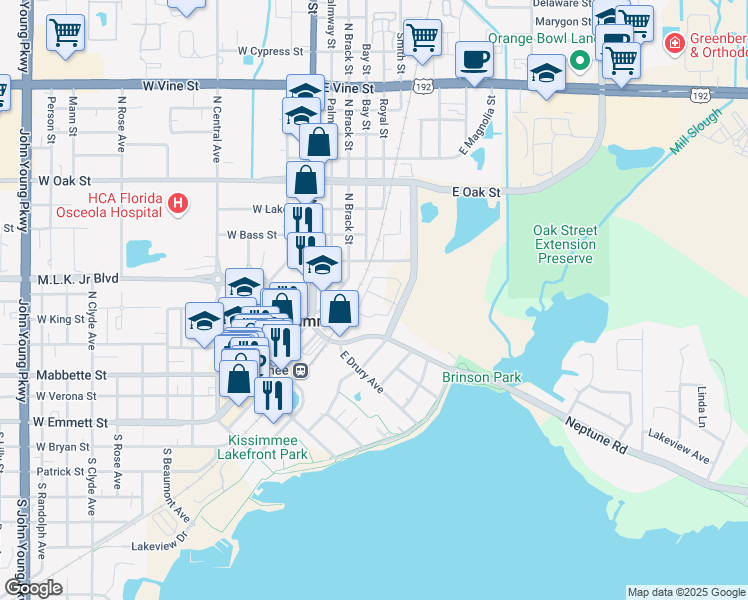 map of restaurants, bars, coffee shops, grocery stores, and more near 400 Lawrence Silas Boulevard in Kissimmee