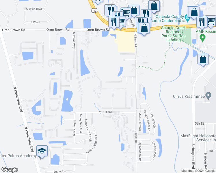 map of restaurants, bars, coffee shops, grocery stores, and more near 4516 Monado Drive in Kissimmee