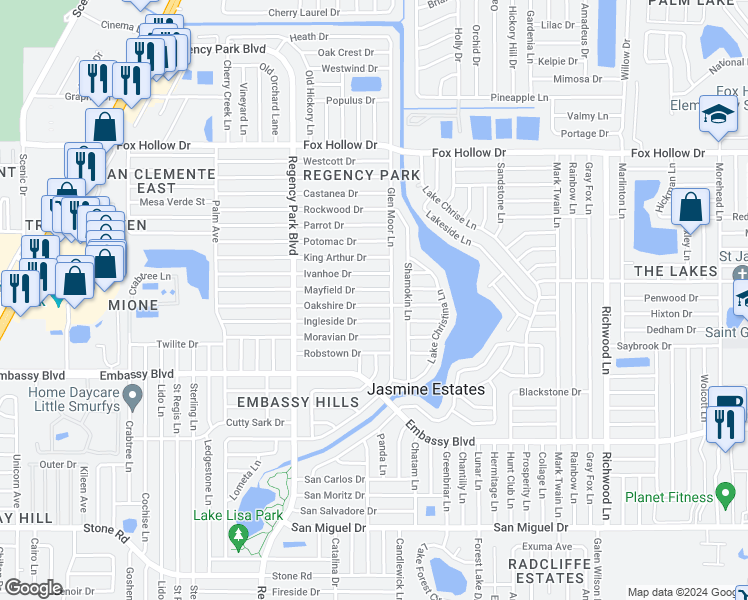 map of restaurants, bars, coffee shops, grocery stores, and more near 7405 Oakshire Drive in Port Richey