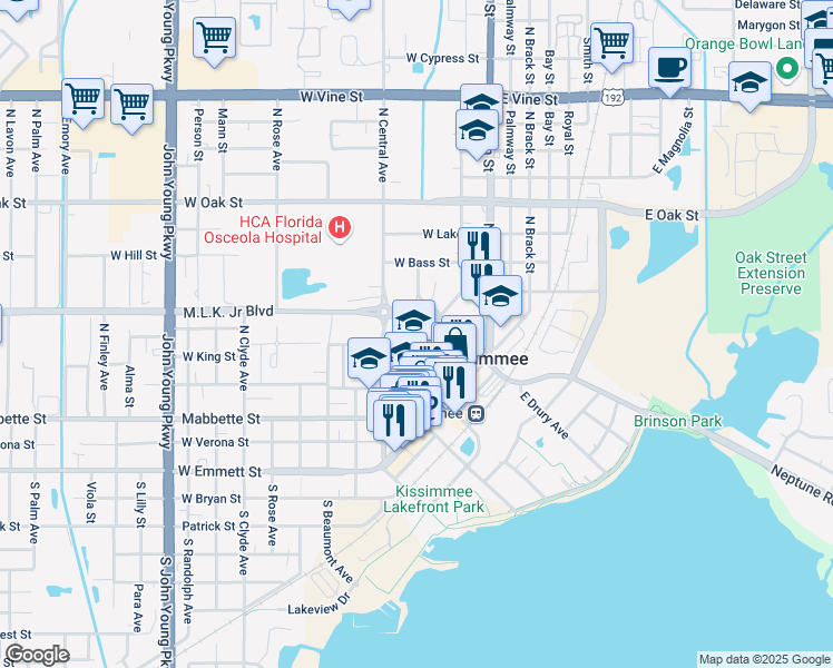 map of restaurants, bars, coffee shops, grocery stores, and more near 201 Mitchell Street in Kissimmee