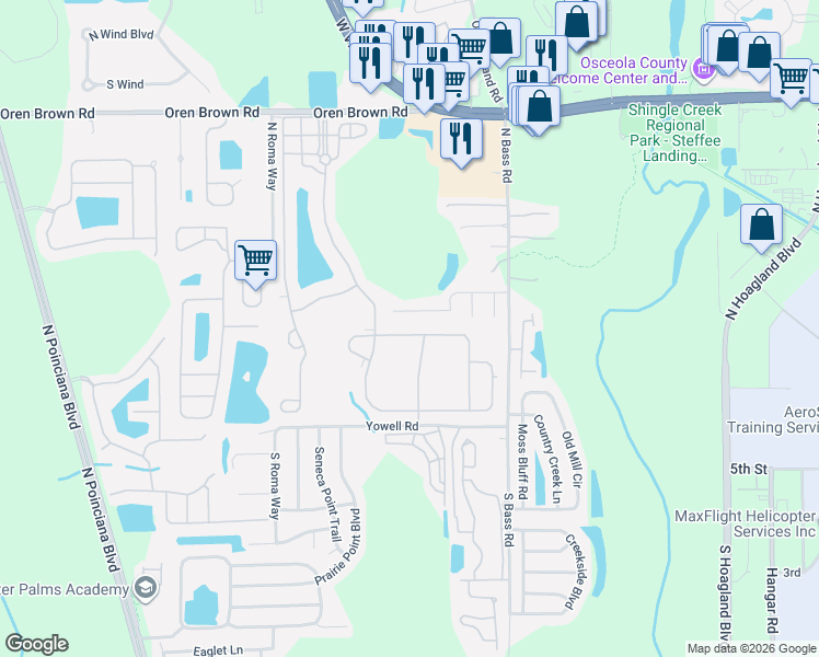 map of restaurants, bars, coffee shops, grocery stores, and more near 4500 Monado Drive in Kissimmee