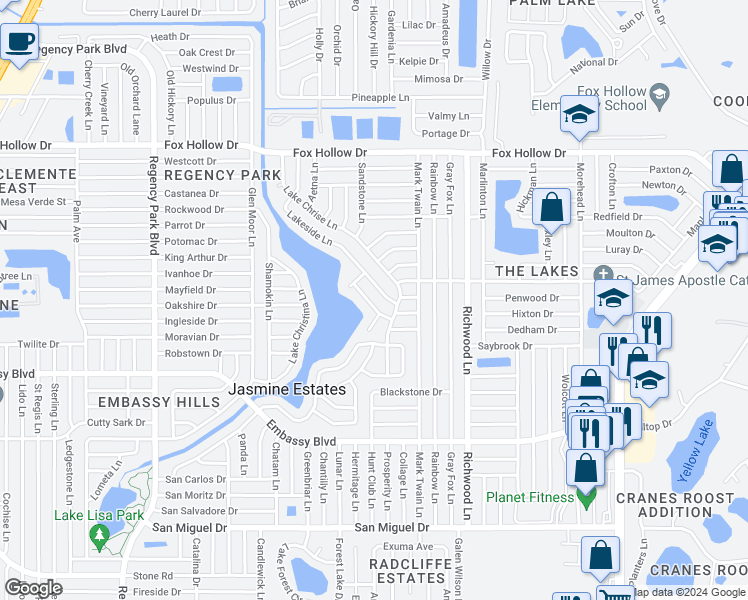 map of restaurants, bars, coffee shops, grocery stores, and more near 9536 Towanda Lane in Port Richey