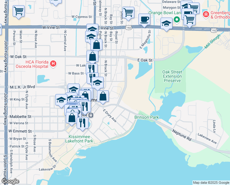 map of restaurants, bars, coffee shops, grocery stores, and more near 400 Lawrence Silas Boulevard in Kissimmee