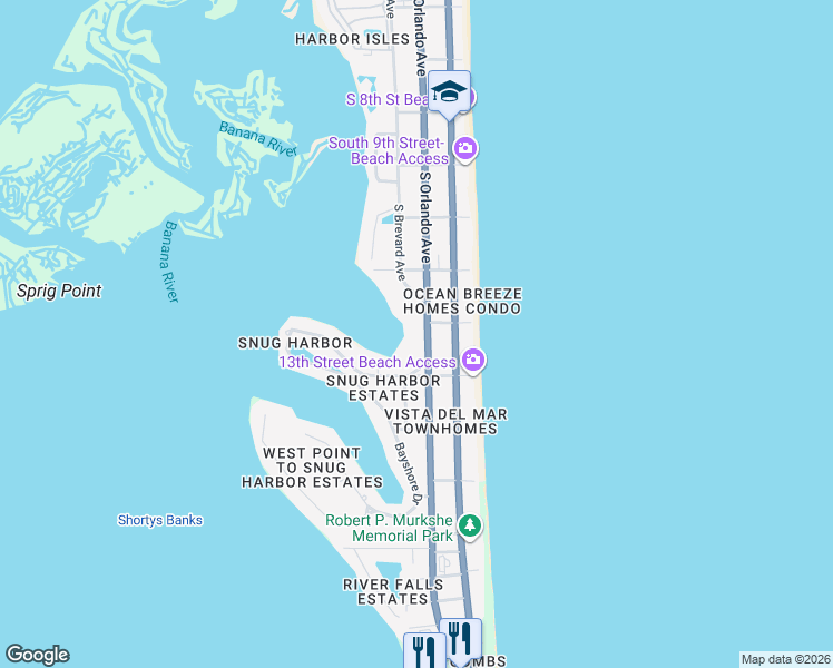 map of restaurants, bars, coffee shops, grocery stores, and more near 1230 South Orlando Avenue in Cocoa Beach