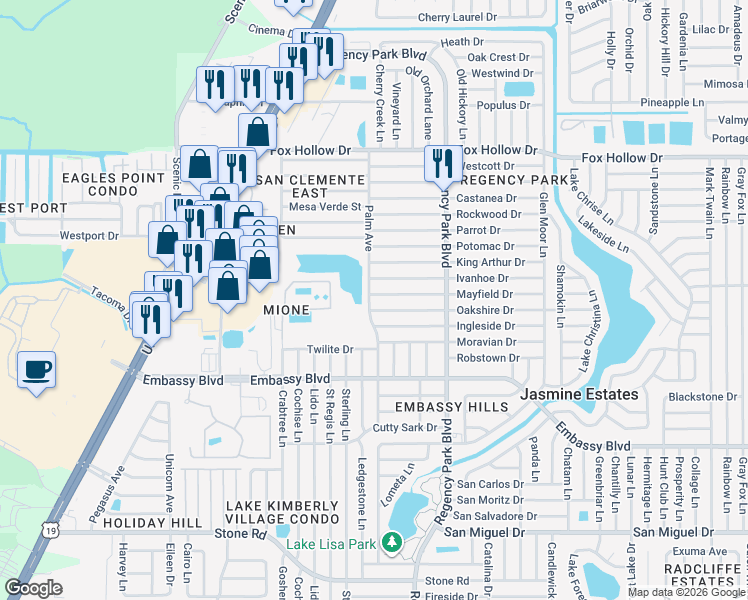 map of restaurants, bars, coffee shops, grocery stores, and more near 7004 Oakshire Drive in Port Richey