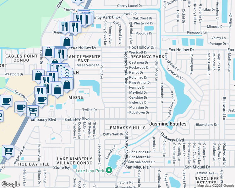 map of restaurants, bars, coffee shops, grocery stores, and more near 7130 Oakshire Drive in Port Richey