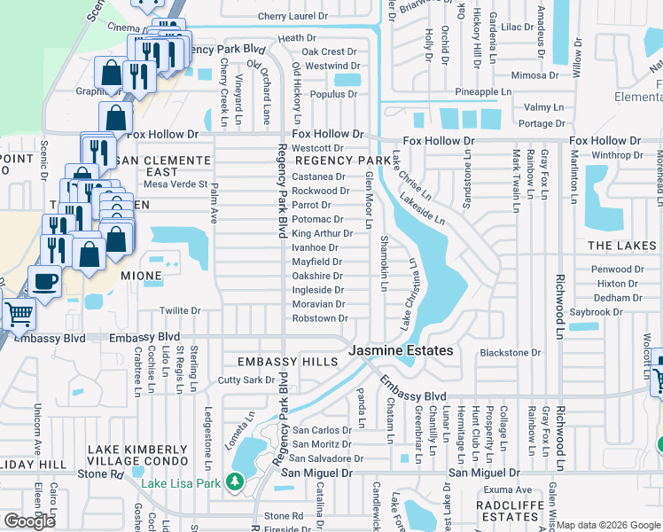 map of restaurants, bars, coffee shops, grocery stores, and more near 7320 Oakshire Drive in Port Richey