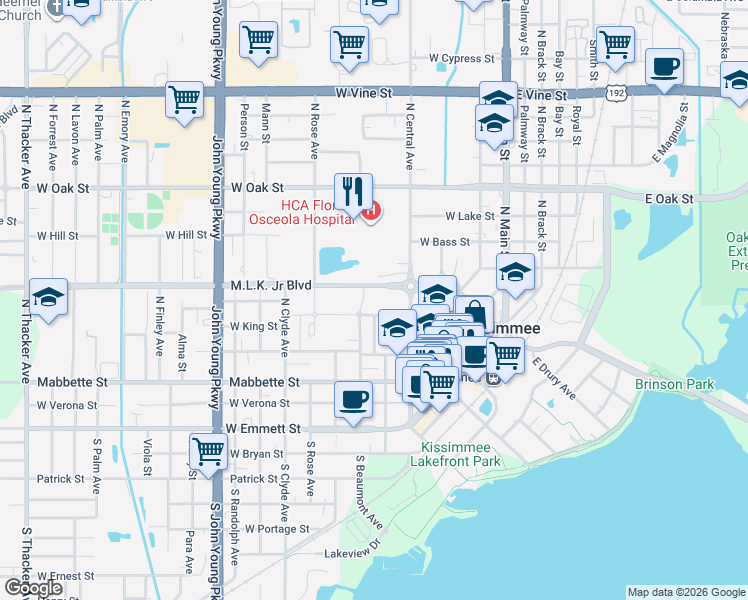 map of restaurants, bars, coffee shops, grocery stores, and more near 328 North Maple Avenue in Kissimmee
