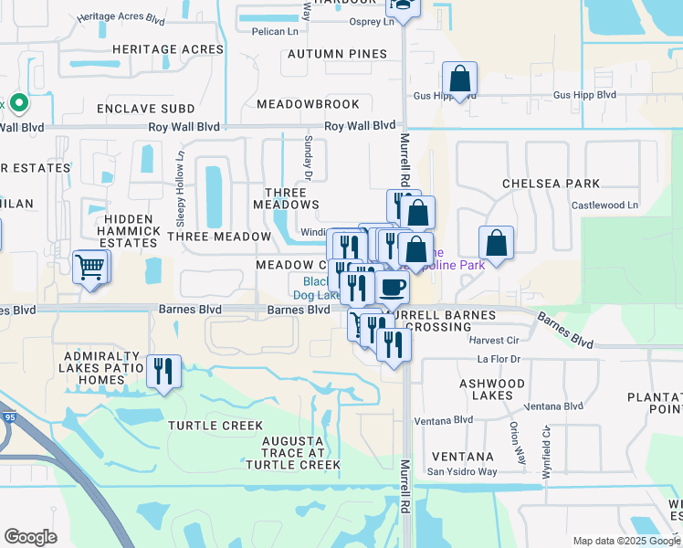 map of restaurants, bars, coffee shops, grocery stores, and more near 777 Roy Wall Boulevard in Rockledge