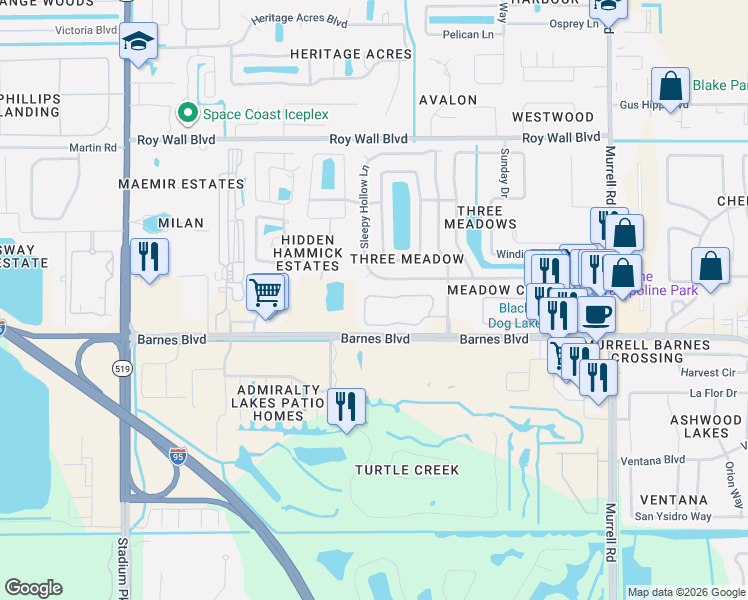 map of restaurants, bars, coffee shops, grocery stores, and more near 1340 Lara Circle in Rockledge